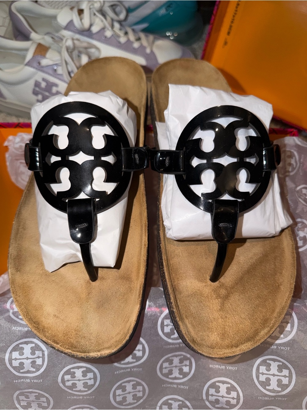 Tory Burch Black Miller Cloud Sandals with Tan Suede Footbed